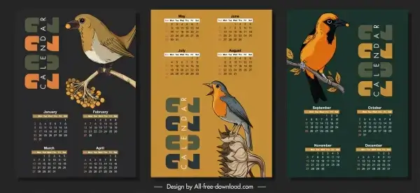 2022 calendar template dark design natural birds sketch