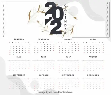 2022 calendar template elegant bright design leaves sketch