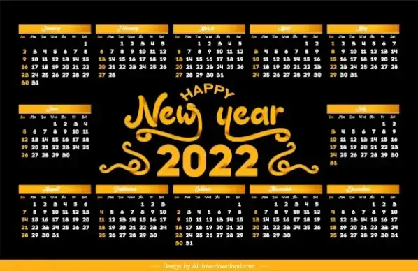 2022 calendar template elegant dark black yellow decor