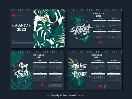 2022 calendar template elegant dark design classical leaves