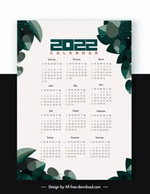 2022 calendar template elegant leaves decor