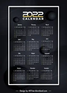 2022 calendar template modern elegant black dark decor