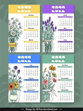 2022 calendar templates colorful classic botanical handdrawn