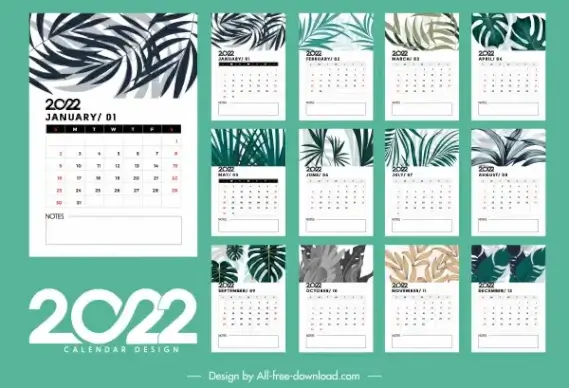 2022 table calendar template elegant bright leaves decor