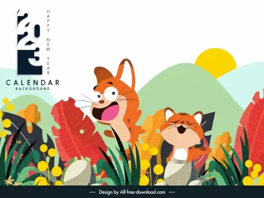 2023 calendar backdrop template  funny cartoon kitties spring scene sketch