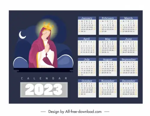 2023 calendar template virgin mary icon cartoon design