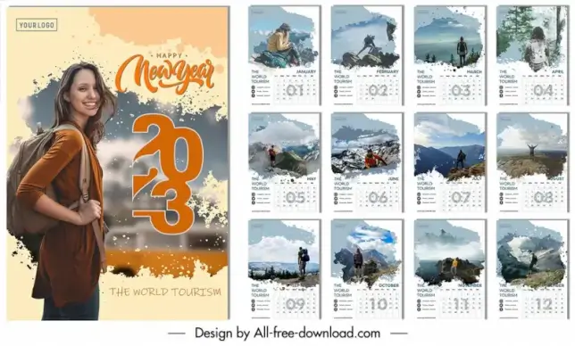 2023 calendar  template world travel theme lady tourist scenery sketch