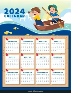 2024 calendar template cute cartoon children exploring sea adventure 