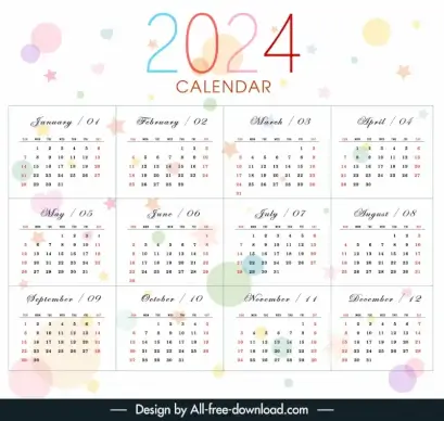 2024 calendar template flat elegant circles stars
