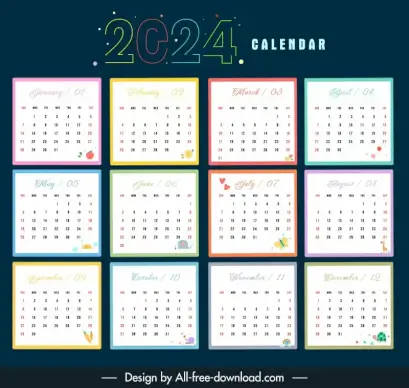 2024 colorful calendar templates contrast flat frames 