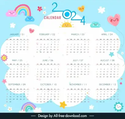 2024 cute calendar template cute stylized sky elements 