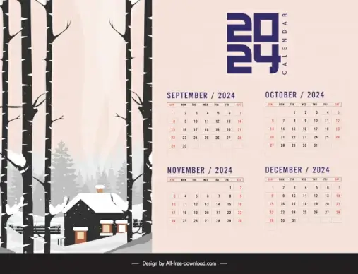 3 fold tent calendar 2024 template winter scene 