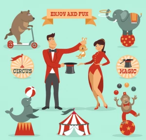 9 cartoon circus elements vector map