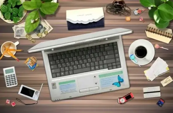a messy office desktop psd layered