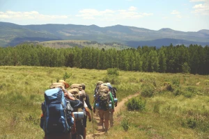adventure backpacker countryside field forest grass