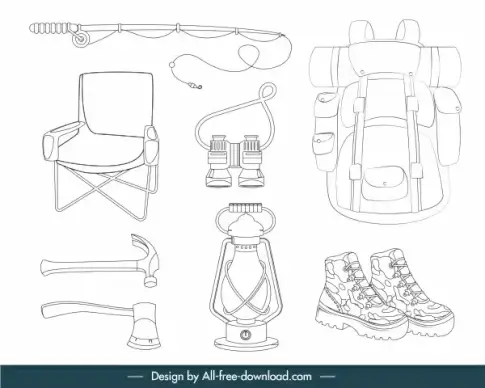 adventure camping design elements black white handdrawn sketch