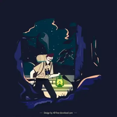 adventure painting explorer night jungle scene sketch