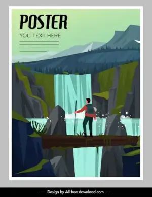 adventure poster hiker cascade sketch cartoon design