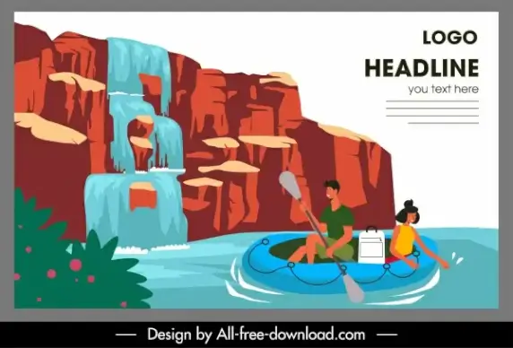 adventure travel banner cascade boating activity cartoon sketch