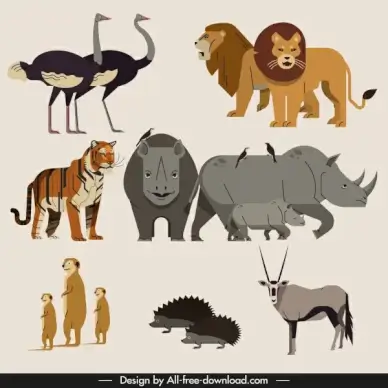 africa animals icons colored classical sketch