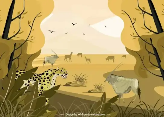 africa wild landscape painting colored classic design