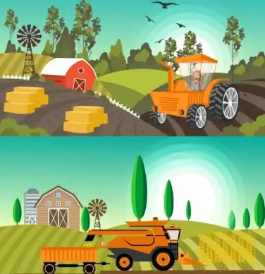 agriculture background sets machines field icons colored cartoon