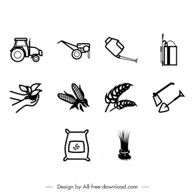 agriculture icon sets flat classical black white outline 