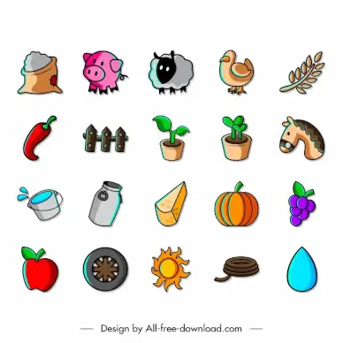 agriculture icon sets handdrawn colorful classical symbols sketch