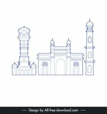 ahmedabad india buildings architecture template blue white flat outline 