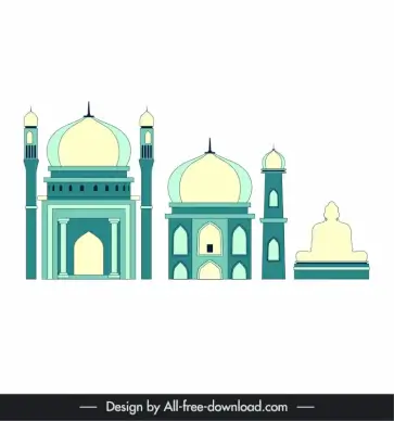 ahmedabad india buildings icons flat classical architectures buddha statue sketch