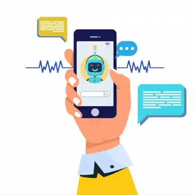 ai artificial intelligence advertising banner hand holding smartphone robot sketch