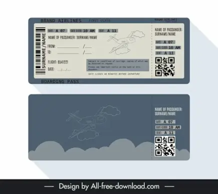 airline ticket template flat handdrawn airplane clouds
