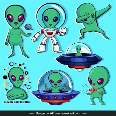 alien icons funny cartoon characters sketch