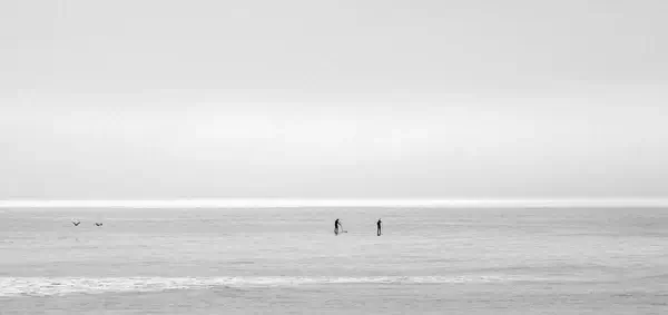 alone beach black and white boat coast fog lake