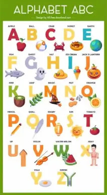 alphabet teaching template colorful texts symbols sketch