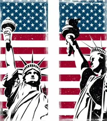 america background flag liberty statue icons retro design