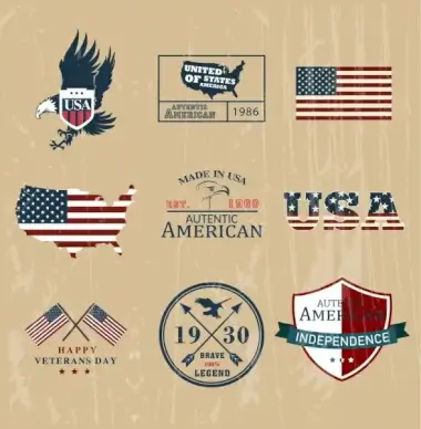 america design elements flag eagle shield texts icons