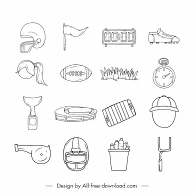 american football doodle icon sets flat black white handdrawn outline 