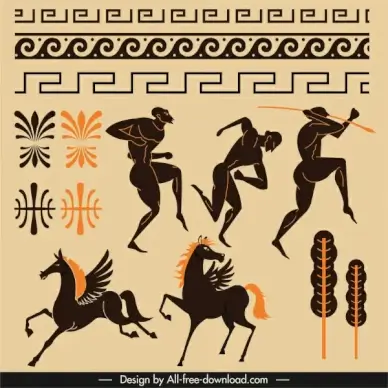 ancient greek decor elements flat dark classic sketch