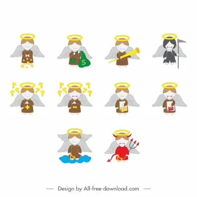 angel icon sets flat cartoon sketch