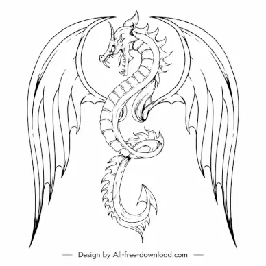 angry dragon icon flat black white handdrawn outline 