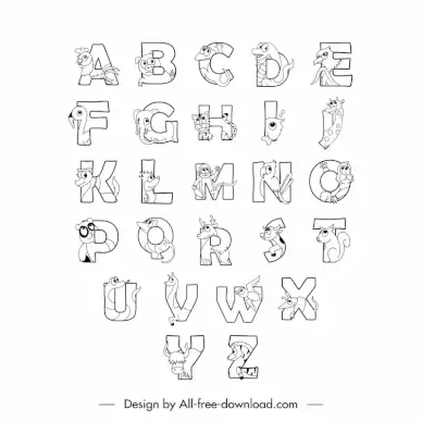 animal font sets template flat black white cute cartoon stylized texts sketch
