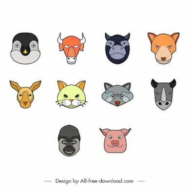 animal head icons sets flat cartoon outline 