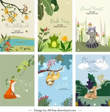 animals book cover templates cute colorful cartoon sketch