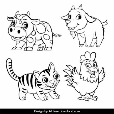 animals icons black white handdrawn cartoon sketch