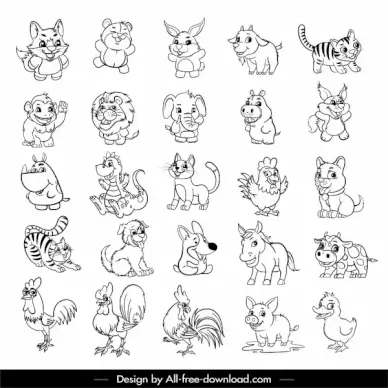 animals icons collection cute black white cartoon sketch