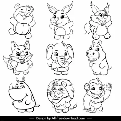 animals icons cute cartoon sketch blak white handdrawn