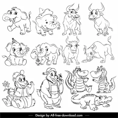 animals icons handdrawn bears elephants bulls crocodiles sketch