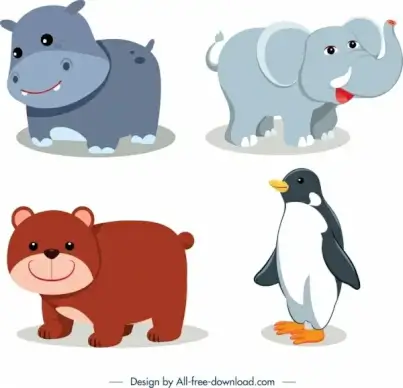 animals icons hippo elephant bear penguin sketch