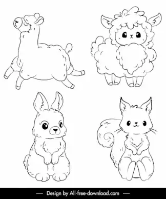 animals icons sheep rabbit squirrel sketch handdrawn design
